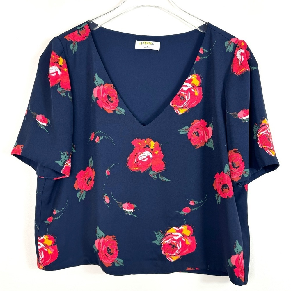 Aritzia Babaton Randy Floral Short Sleeve Top Blouse in Navy Blue Size M - Picture 2 of 8
